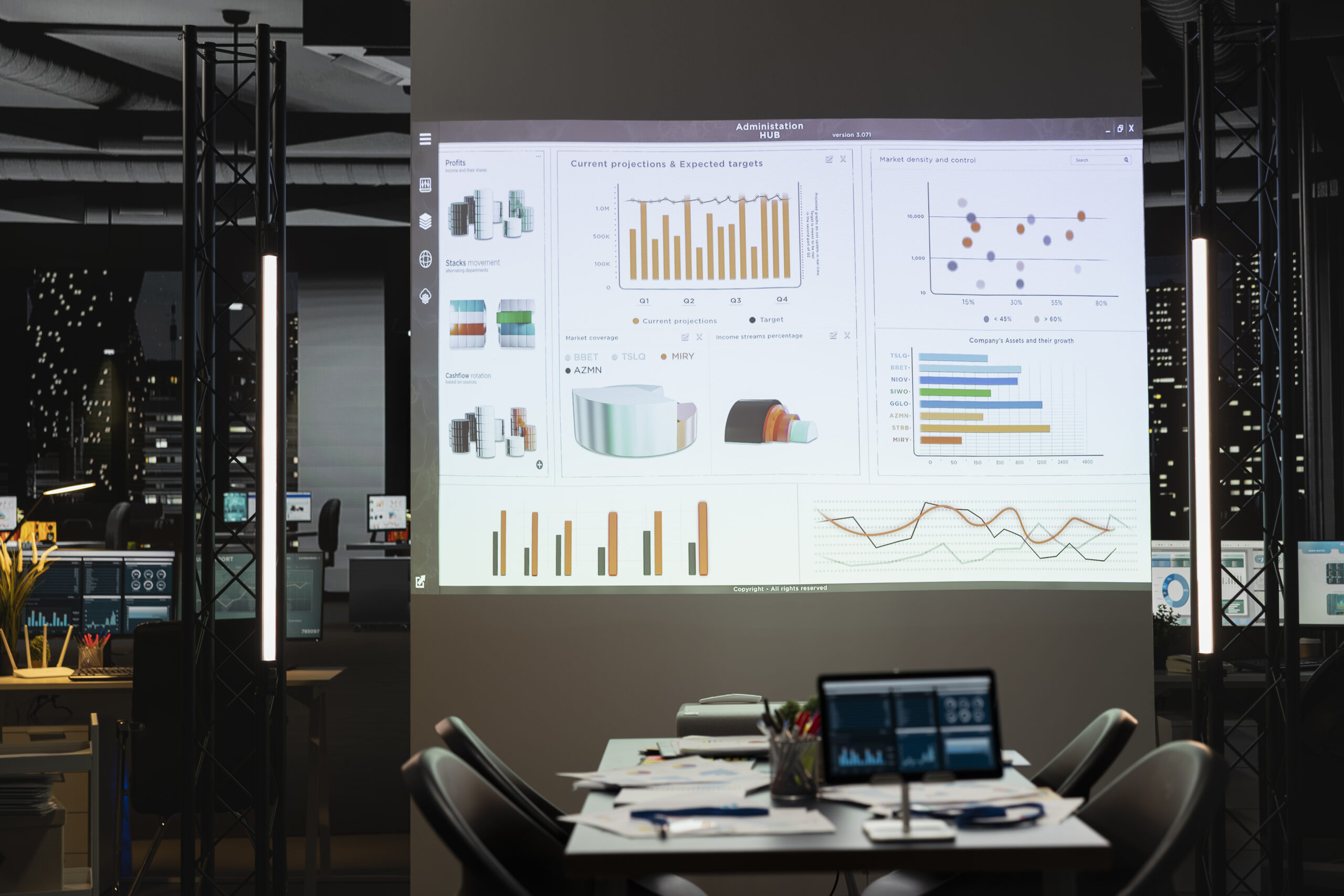 Empty dark office in a multinational company showcases charts insight at night, forecast data display on projection board. Management project agenda aligned with corporate objectives.
