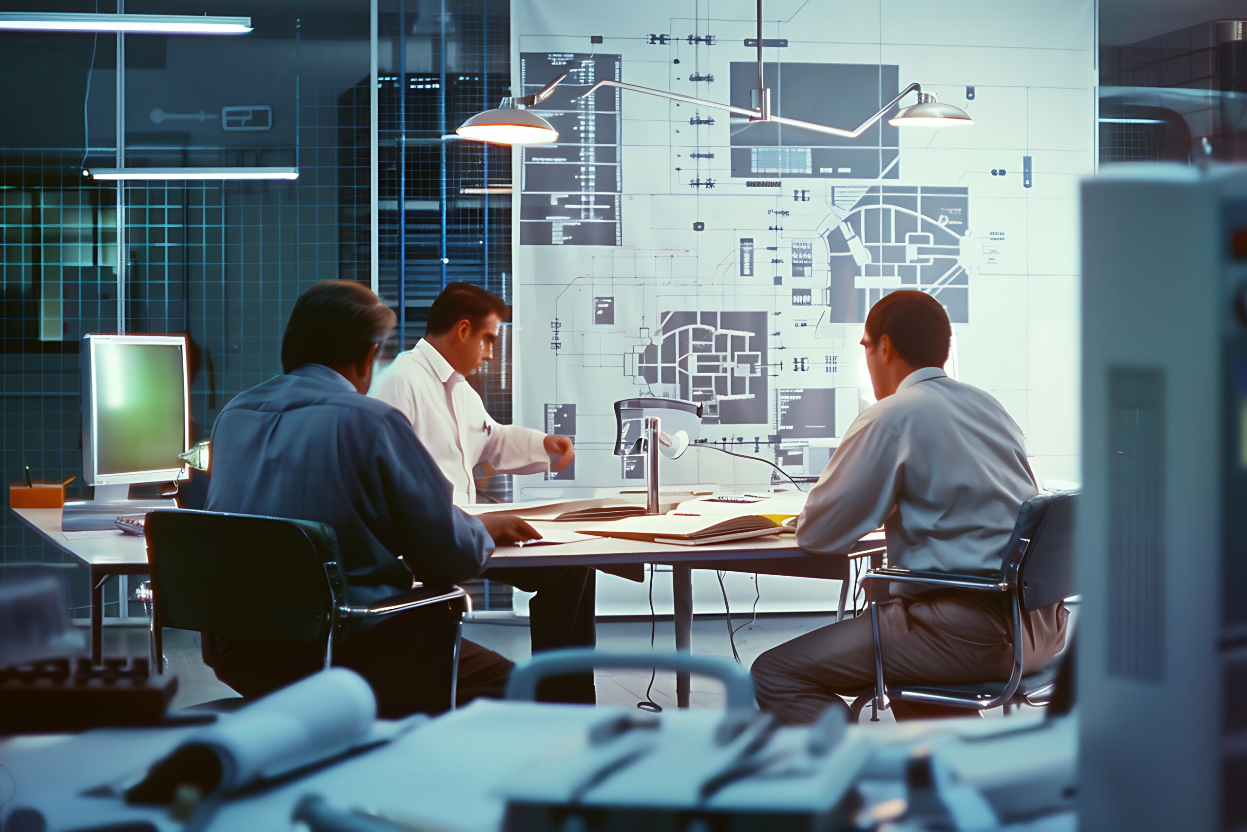 This image features three businessmen working together in a modern office. They are seated around a desk, looking at a computer screen and discussing a project. The image conveys a sense of collaboration, teamwork, and professional success.